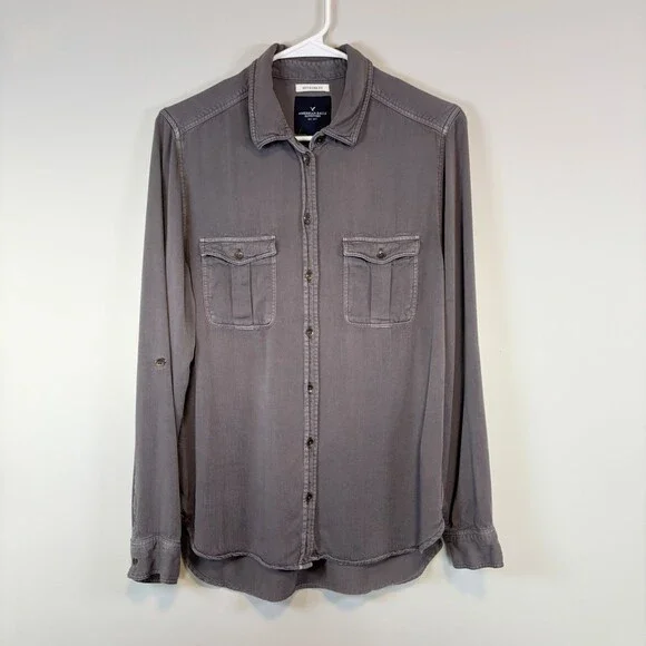 American Eagle  Button Down Top Grunge Soft Grunge 90s Vibe Gray Women's Size M - Picture 2 of 10
